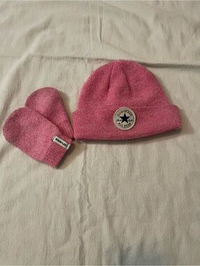 Converse Pink Knit Beanie and Mittens Set Infant